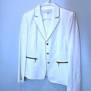Tahari White with Leather Trim Linen Blend Suit Jacket Size 8